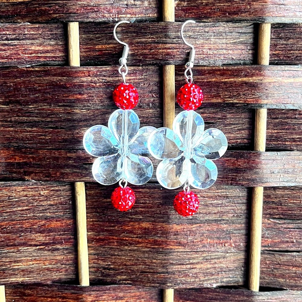 Red Sparkle Bead and Clear Flower Acrylic Pendant Earrings